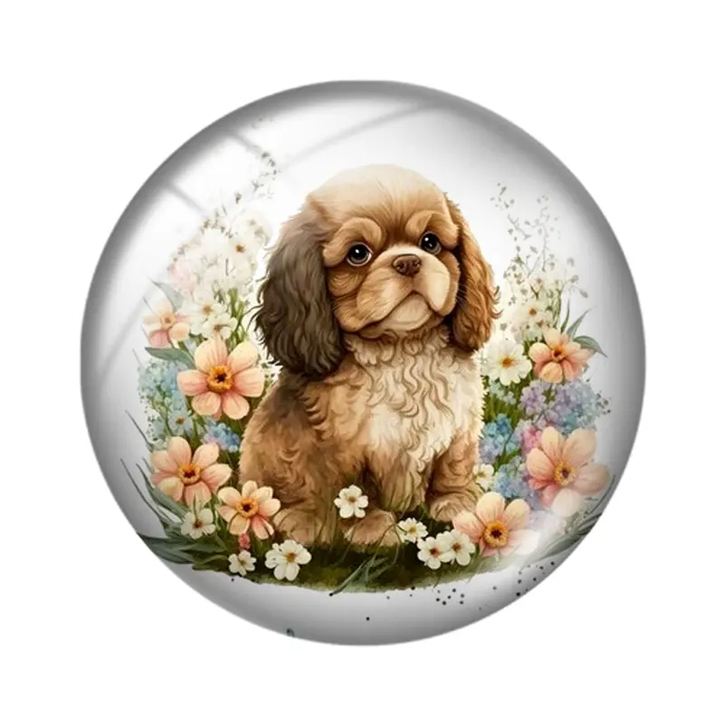 Épagneul à fleurs mignonnes, 10 pièces, 12mm/18mm/20mm/25mm, photo ronde, cabochon en verre, démo, dos plat, résultats de fabrication