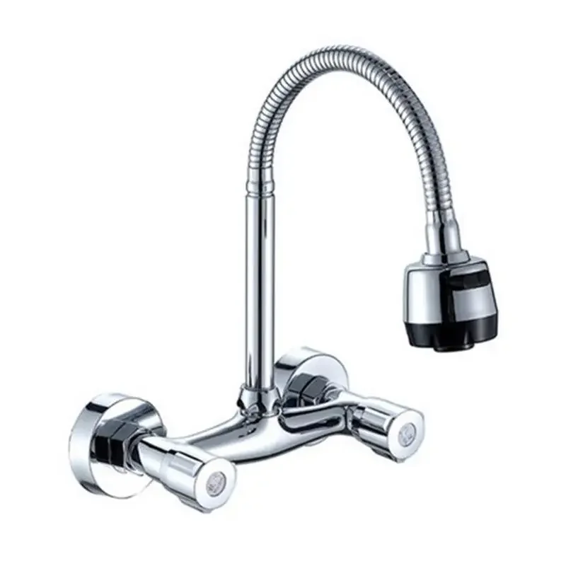 Wall Mounted Kitchen Faucet Wall Kitchen Mixers Kitchen Sink Cold hot Water Tap 360 Degree Swivel Flexible Hose Double Hole