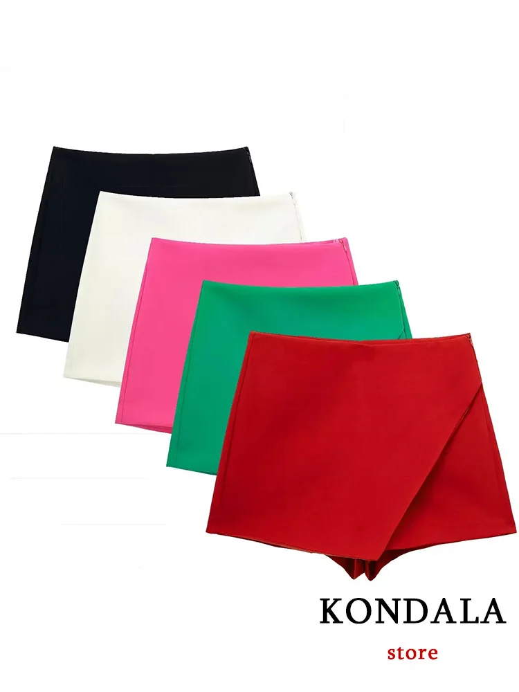 

KONDALA Vintage Women Culotte Solid Zipper Pockets Shorts Straight Female Pantskirts Fashion 2022 Solid Side Split Shorts Skirts