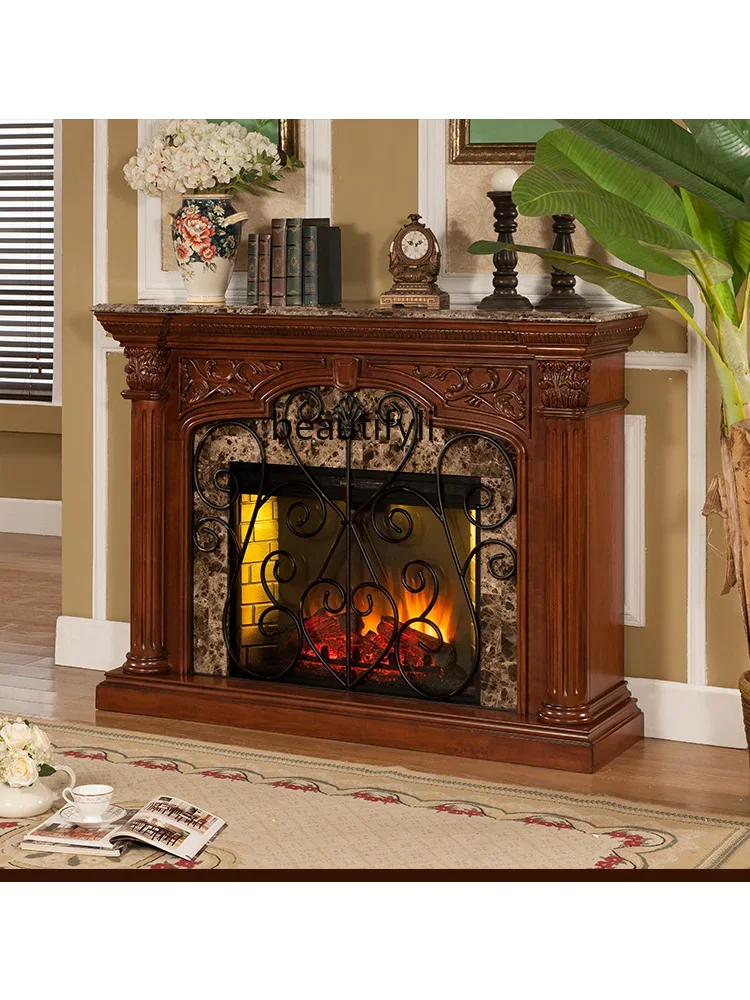 Fireplace American Pastoral Solid Wood Fireplace Mantel Fake Fire Heating Hallway Fireplace Carved Stove Cabinet Curio Cabinet