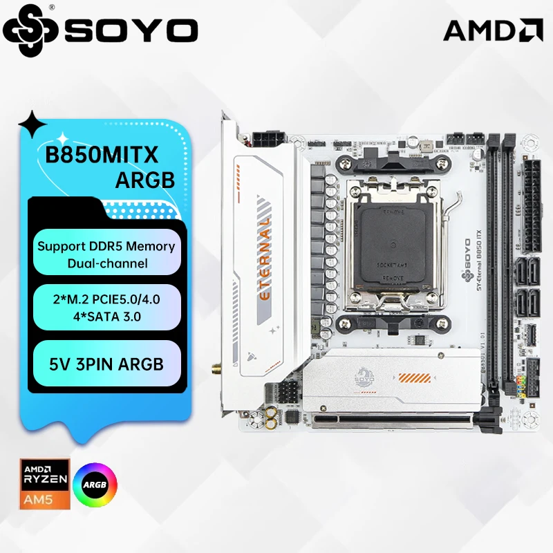 

SOYO World Premiere eSport B850ITX WIFI ICE Материнская плата AMD Ryzen AM5 B850MITX Поддержка DDR5 Pcie5.0 2 * M.2 Pcie4.0 ARGB WIFI6