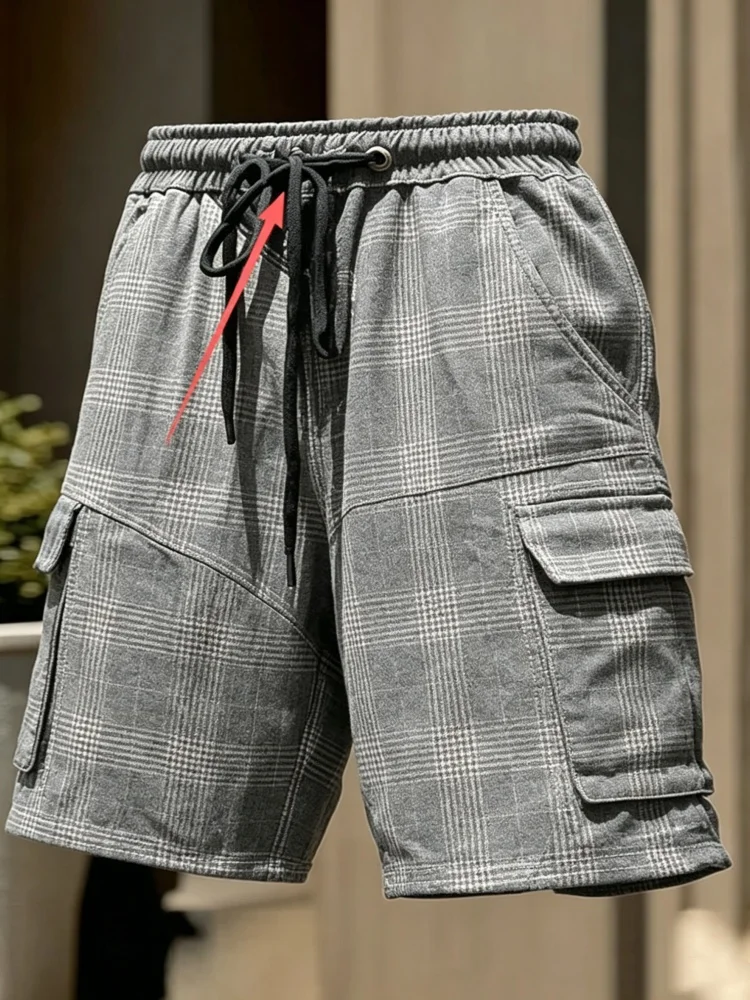 Men Grey Plaid Multi Flap Pocket Cargo Shorts Elastic Drawstring Waist Casual Shorts