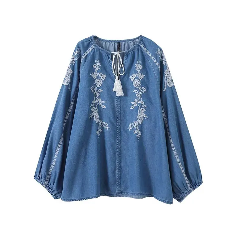 Frauen Denim Bluse Top Blume Stickerei Laterne Hülse Runde Kragen Spitze Up Quasten Vintage Shirt Tops 2025, Herbst Streetwear
