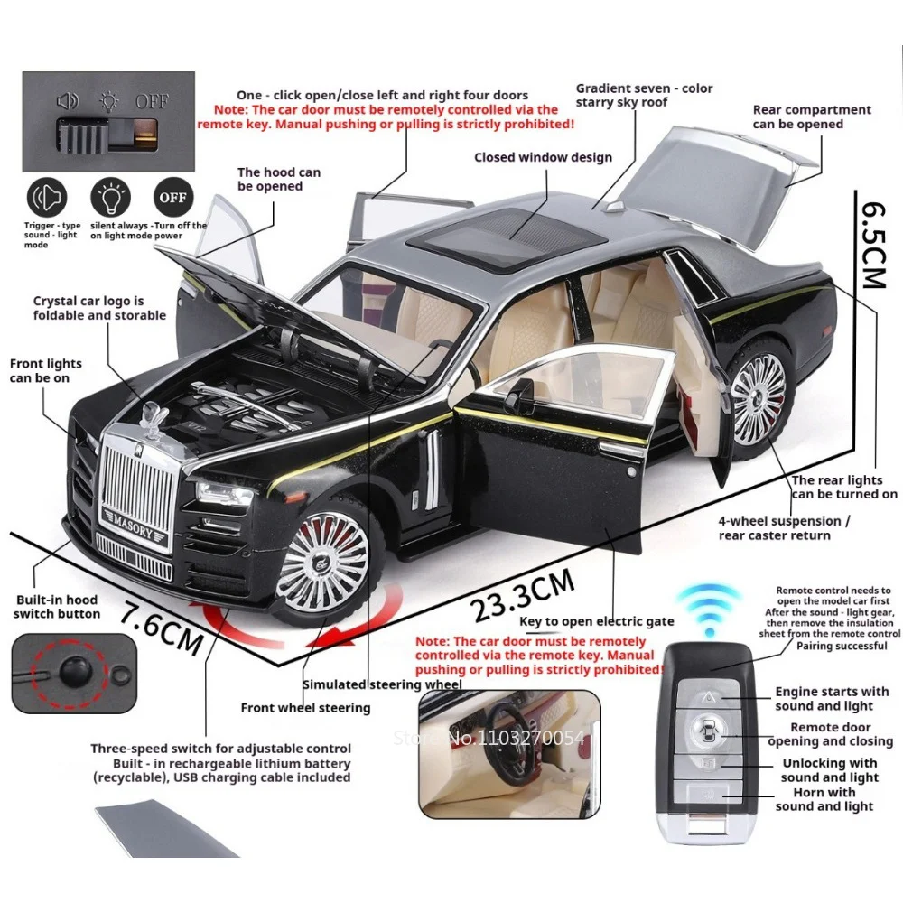 1:24 Rolls-Royce Phantom LM300H Alloy Model Car Diecast Toy Sound Light Pull Back Automatic Door Vehice for Adult Christmas Gift