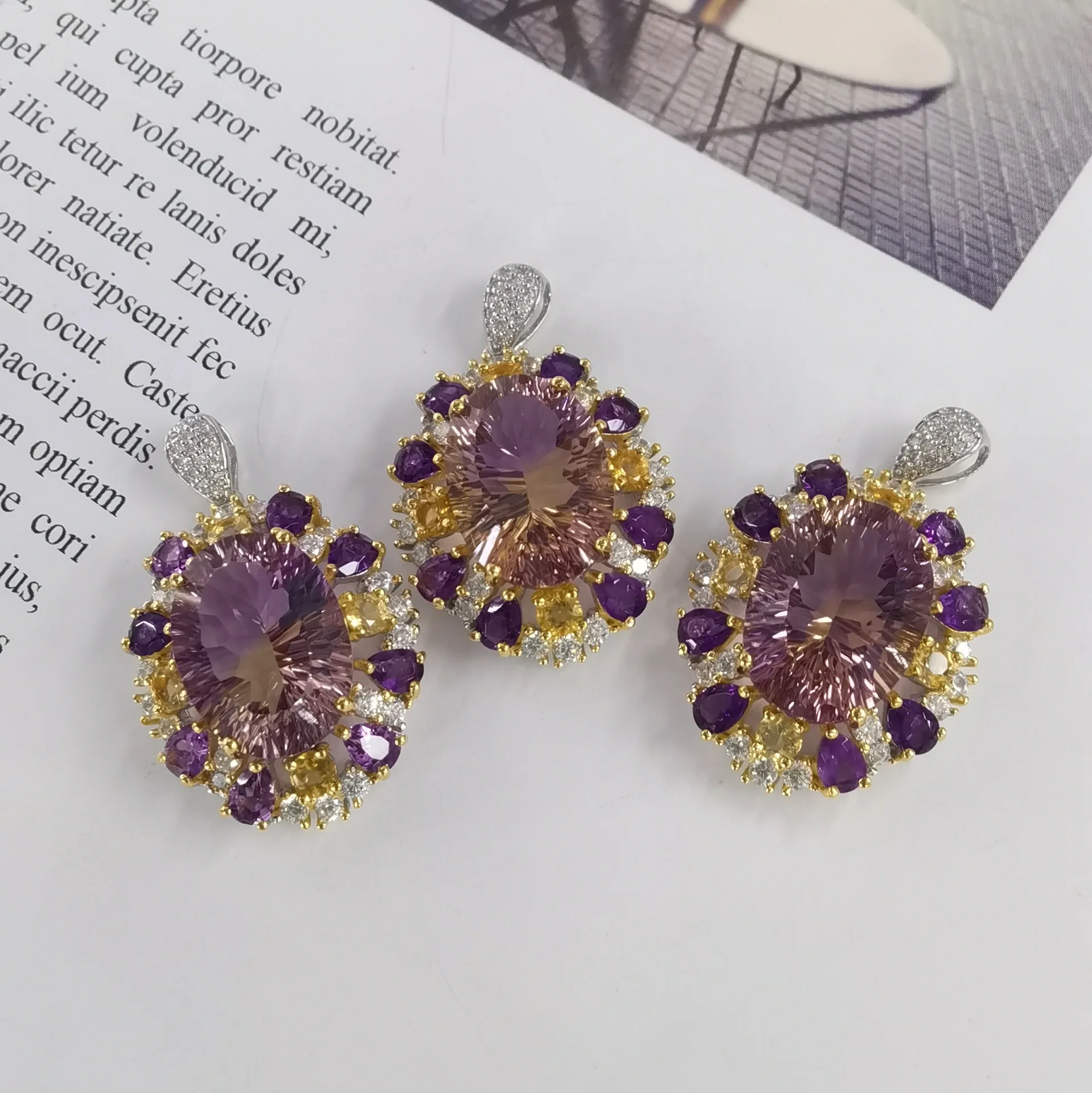 Natural Ametrine Pendant, S925 Silver Two-Tone Gold Plated 11x15mm No Chain, Crystal Jewelry Gift for Women