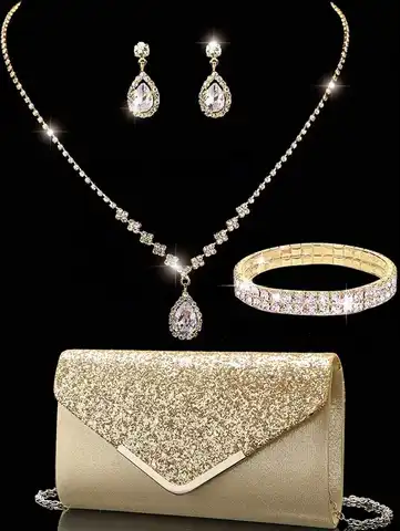 SGIAWETA-4pcs Rhinestone Jewelry Set, Shiny Necklace Earrings Bracelet, Women's Evening Clutch Bag, Bridal Wedding Shiny V-Shaped Flap Envelope Clutch Bag With Detachable Metal Chain, Suitable For Gala, Wedding And Party, Women's Shoulder Bag, Women's Clu