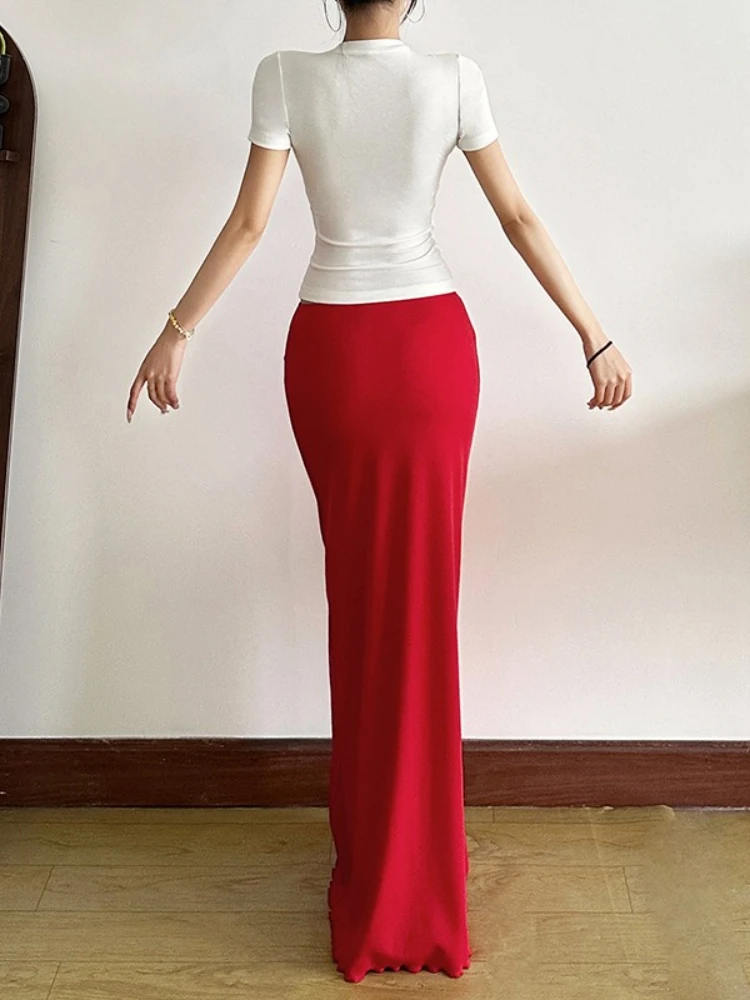 Tropical Style Women's Fashion Red Flower Printed White T-shirt and Bodycon Midi Skirt Suits Slim  Matching Two Pieces Sets