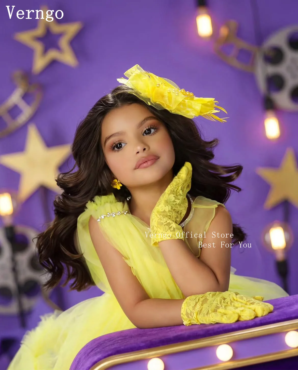 Verngo Princess Yellow Tulle Girl Birthday Party Dress O Neck 3D Flowers A Line Kid Gowns Elegant Kid Outfit Customized