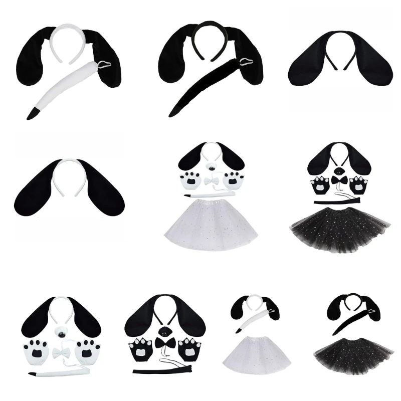 Dog Costume Accessories Dog Ear Headband Nose Tail Bowtie Glove and Skirt, Child Halloween Animal Fancy Dress up Outfit