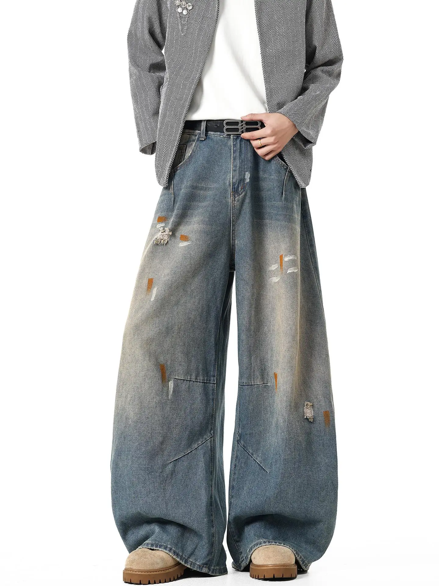 

Мужские джинсы с широкими штанинами в стиле ретро, весна-осень, американский крой, с эффектом брызг чернил, свободные повседневные джинсовые брюки