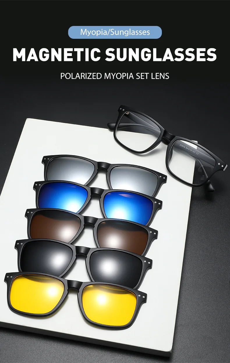 VCKA Polarisierte Magnet Myopie Sonnenbrille Frauen Clip Gläser Quadratische Optik Myopie Spektakel Männer 6 In 1 Brillen Rahmen -1,0 ~ 6,0 – Detail 1