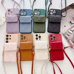 Lanyard Case for iPhone 16 14 15 12 11 Pro Max 13 Mini X XS 8 7 Plus Stand Crossbody Strap Bag Leather Luxury Wallet Card Cover