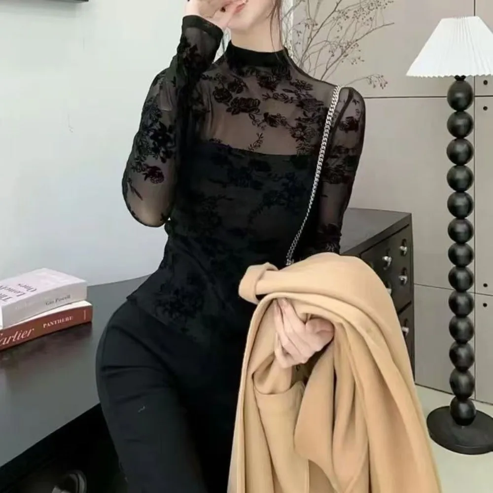 Floral Print Mesh Blouse Slim Fit Semi‑Sheer Mesh Turtleneck Shirt Stretchy Fabric Fleece Lined Option Women Base Top
