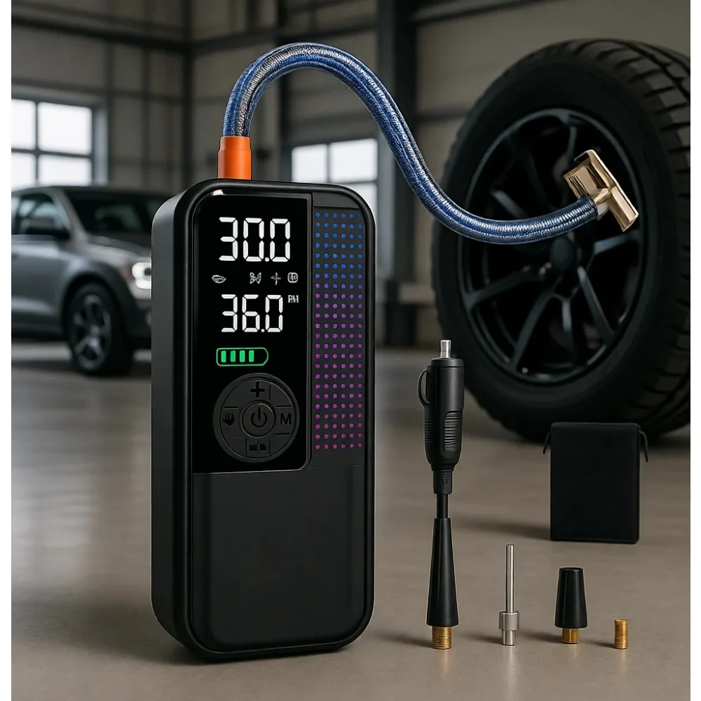 

Cordless Portable Tire Inflator 150 PSI 24L Min Auto Shut Off LED Light 4 Modes Car Bike Motorcycle Balls