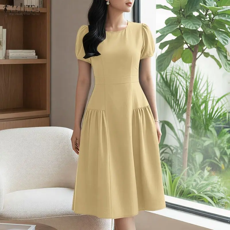 2026 ZANZEA Damen Sommer-Sonnenkleid Stilvolles Einfarbiges OL Arbeitskleid Elegantes Kurzarm-Puffärmel-Kleid Schlanke Passform Urlaubskleid Vestidos