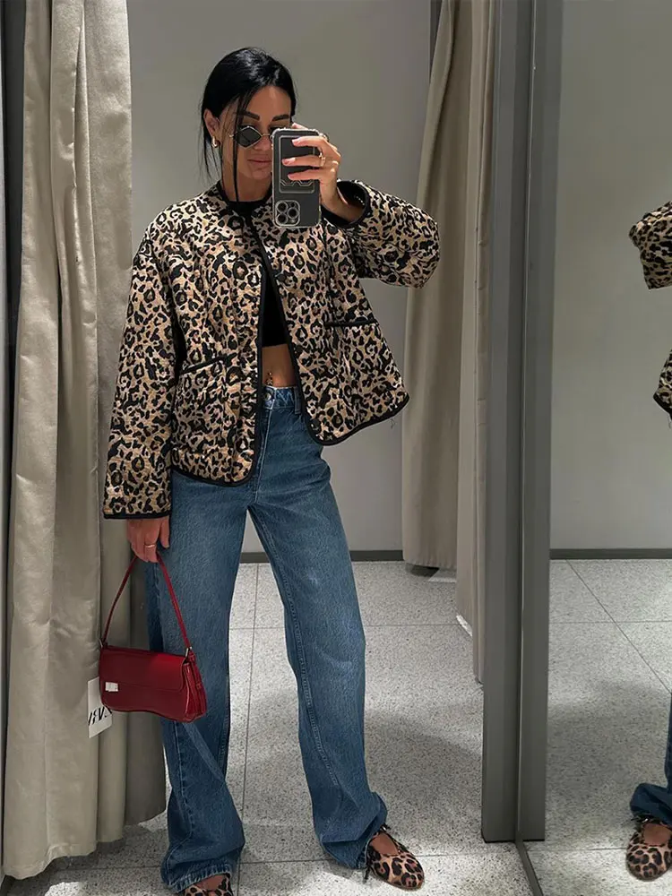 Women Fashion Leopard Printed Short Cotton Jacket Casual O Neck Long Sleeves Cropped Cardigan Coats Autumn Chic Lady Outwears