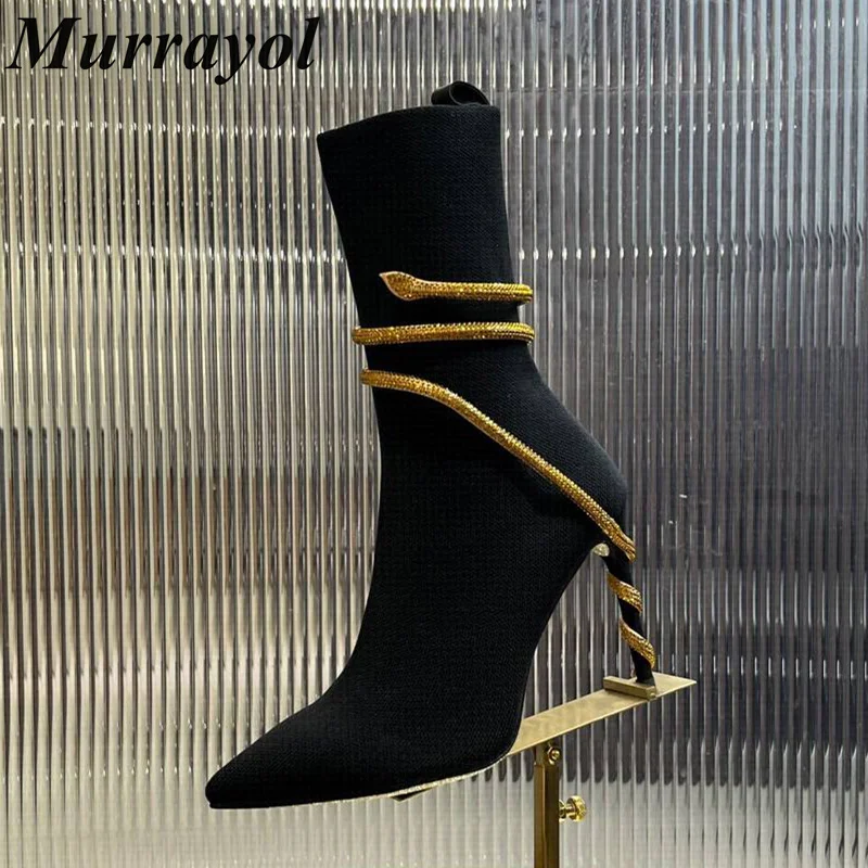 Pointed Toe High Heel Elastic Boots Women Serpentine Winding Rhinestone Decor Sock Boots Spring Autumn British Style Short Boots