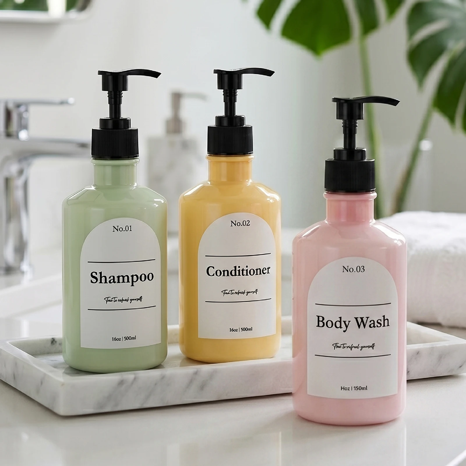 Refillable Shampoo Dispenser Bottle, 16oz 500ml Plastic Pump Bottle with Label for Conditioner, Body Wash, Liquid Soap, Bathroom