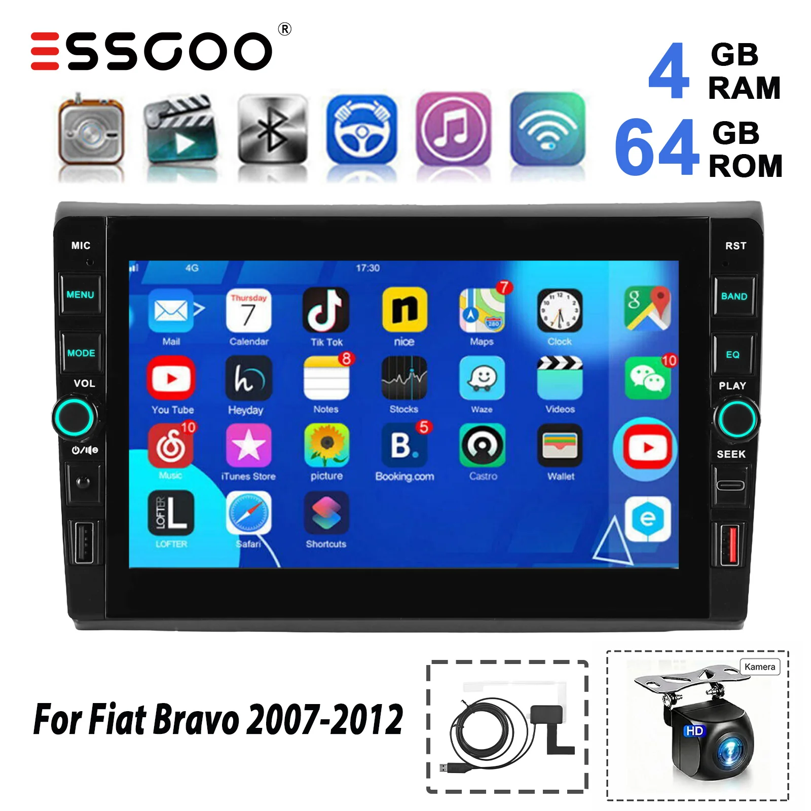 ESSGOO 4+64G Kamera Kabelloses CarPlay Android Auto Autoradio für Fiat Bravo 2007 2008-2012 GPS DAB Android 15 NAVI WIFI RDS SWC 2USB
