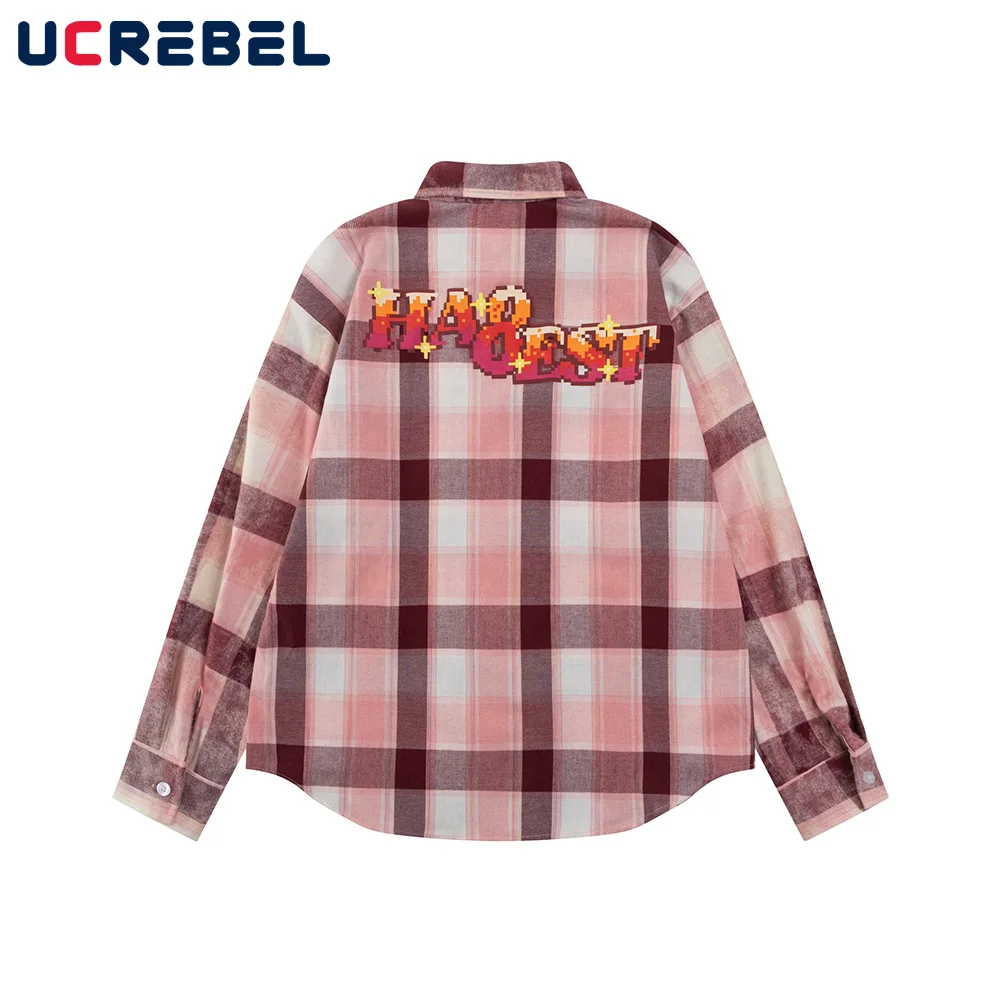 Pixel Letter Print Plaid Shirts Mens Spring High Street Single Breasted Lapel Long Sleeve curved hem Shirts Men