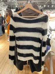 Mohair Knit Stripes maglietta a maniche lunghe donna primavera Sexy Slash Neck Hollow Out Smock top Vintage Streetwear Loose Tees Clothes