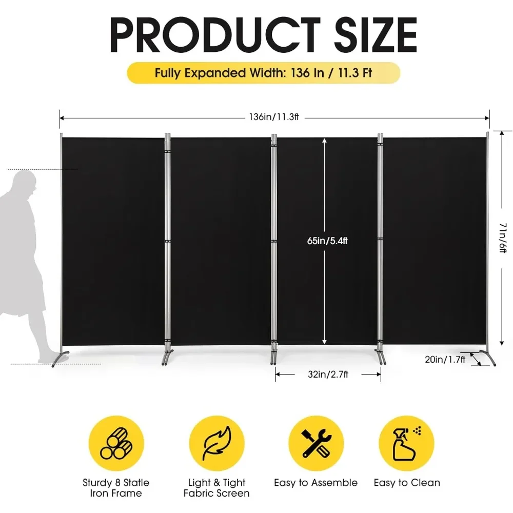 4Panel Room Divider,6 Ft Tall Folding Privacy Screen Dividers, Freestanding Partition Wall Dividers,136''W x 20''D x 71''H,Black