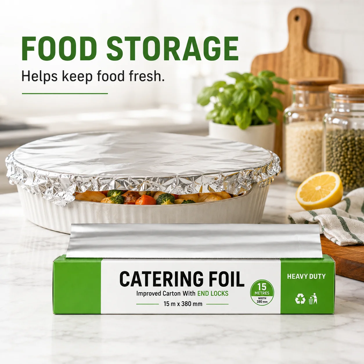 Heavy Duty Aluminium Foil Roll (15m x 380mm ) – Commercial Catering Tin Foil Wrap for BBQ Grilling, Oven Baking, Roasting & Food Prep, Dispenser Box with End Locks