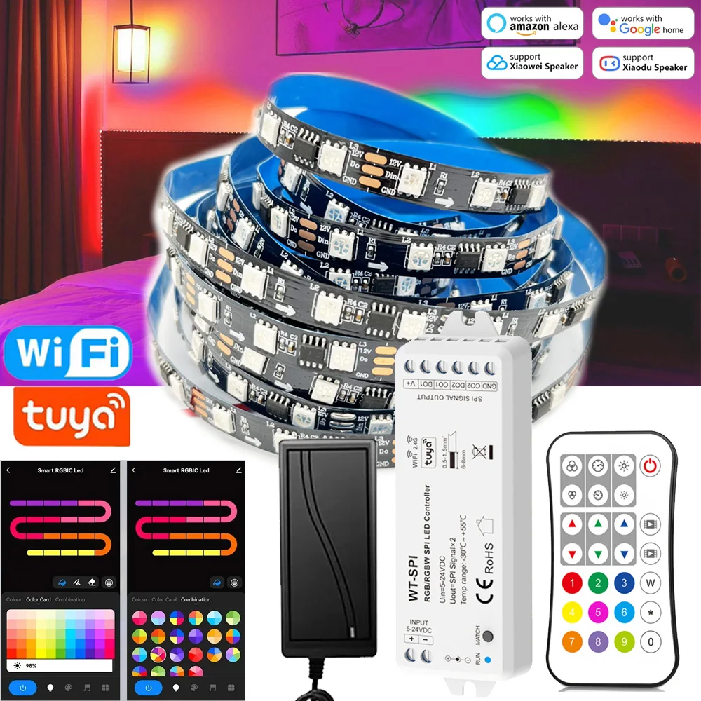 

Tuya Wifi RGBIC Horse Racing LED Light Strips DC 24V WS2811 5M Pixel Flex Ribbon Running Water Flow Tape Lamp Remote Control