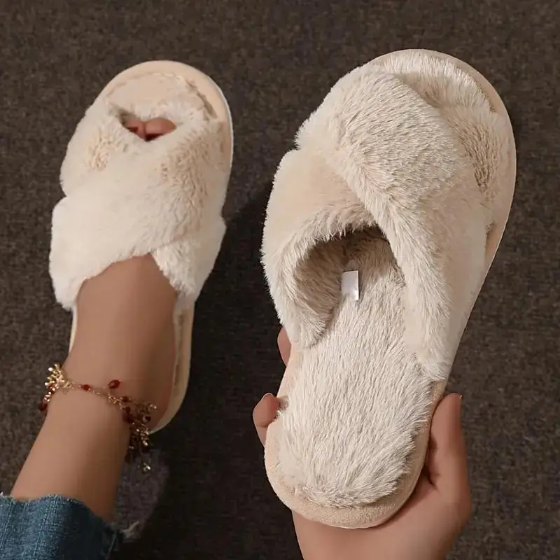 Winter Crisscross Plush Indoor Slipper Comfortable and Warm Soft Soled Furry Shoes Non Slip Home Floor Slippers