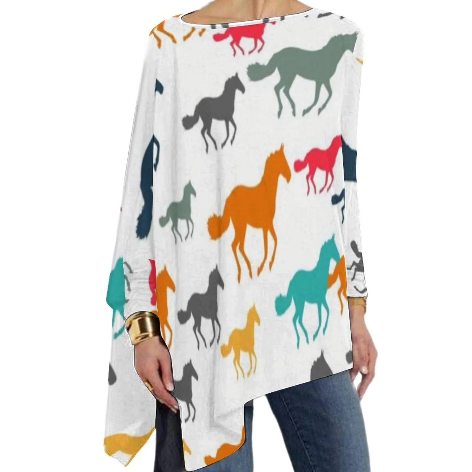 Colorful Horses T Shirt Cartoon Horse Pattern Trendy Long Sleeve T-Shirts Casual Oversized Tee Shirt Women Pattern Clothing