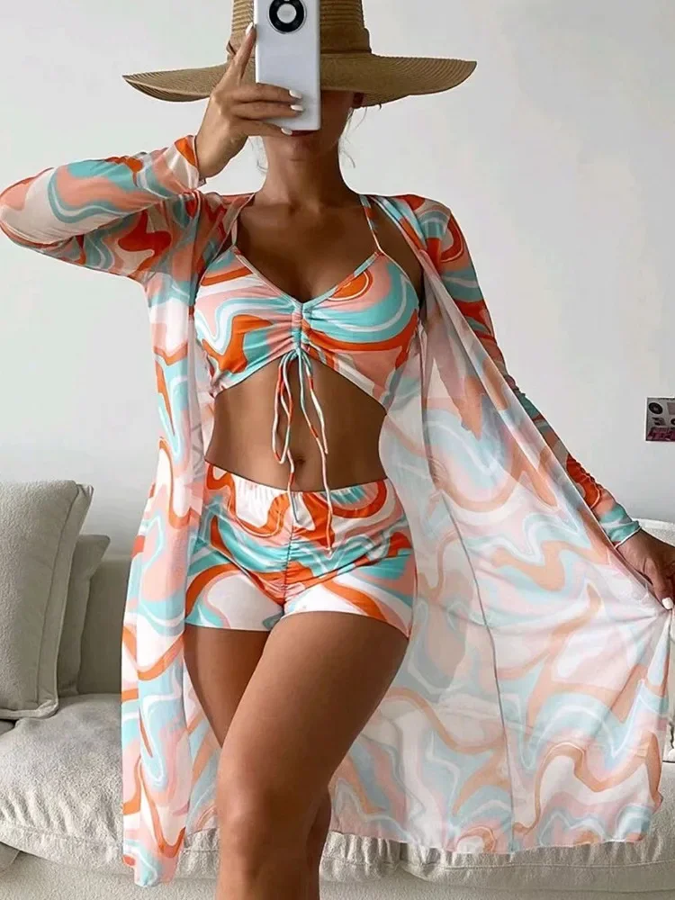 High Waist Bikinis 2022 Sexy 3 Piece Bikini Set Cover Up Swimsuit for Women Long Sleeve Push Up Swimwear Beach Wear Bathing Suit