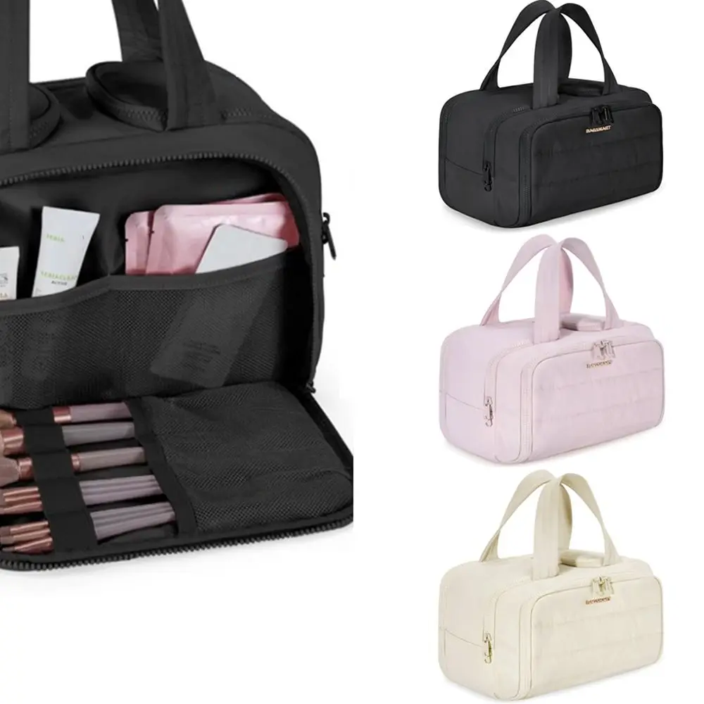 حقيبة أدوات الزينة للسفر ذات سعة كبيرة، محمولة وخفيفة الوزن، منظم المكياج، مقبض مزدوج بسحّاب، حقيبة تخزين للسفر في الحمام