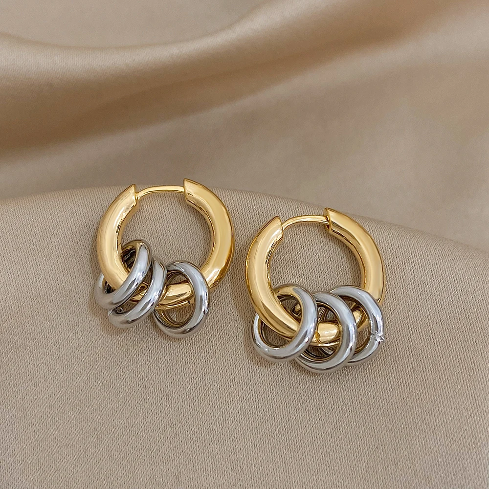 Fashion 18K Gold Plated Copper Hoop Earrings for Women Two Tone Multilayer Geometric Blocking Circle Earrings Party Jewelry