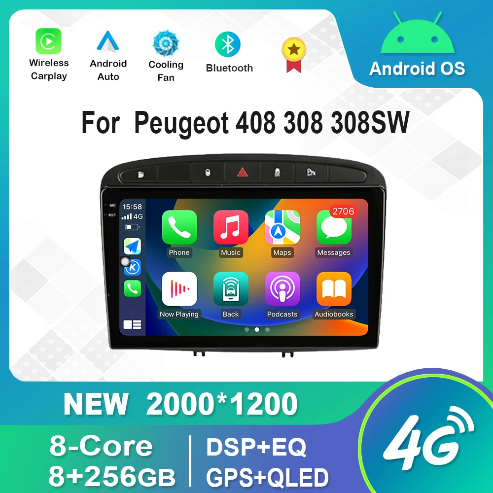 

For Peugeot 408 308 308SW （Black）9 inch IPS QLED Screen Android Car Radio Multimedia Player Bluetoot WiFi+4G GPS DSP