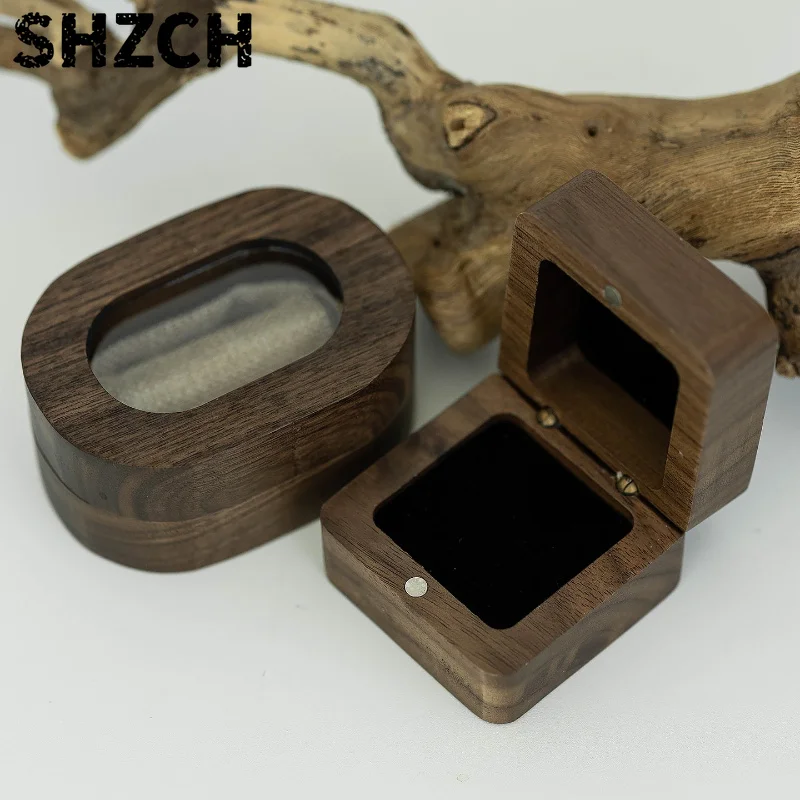 Minimalist Wood Jewelry Box with Magnetic Lock Dust-Proof Ring Holder Proposal Ring Case for Wedding Engagement Gift Storage