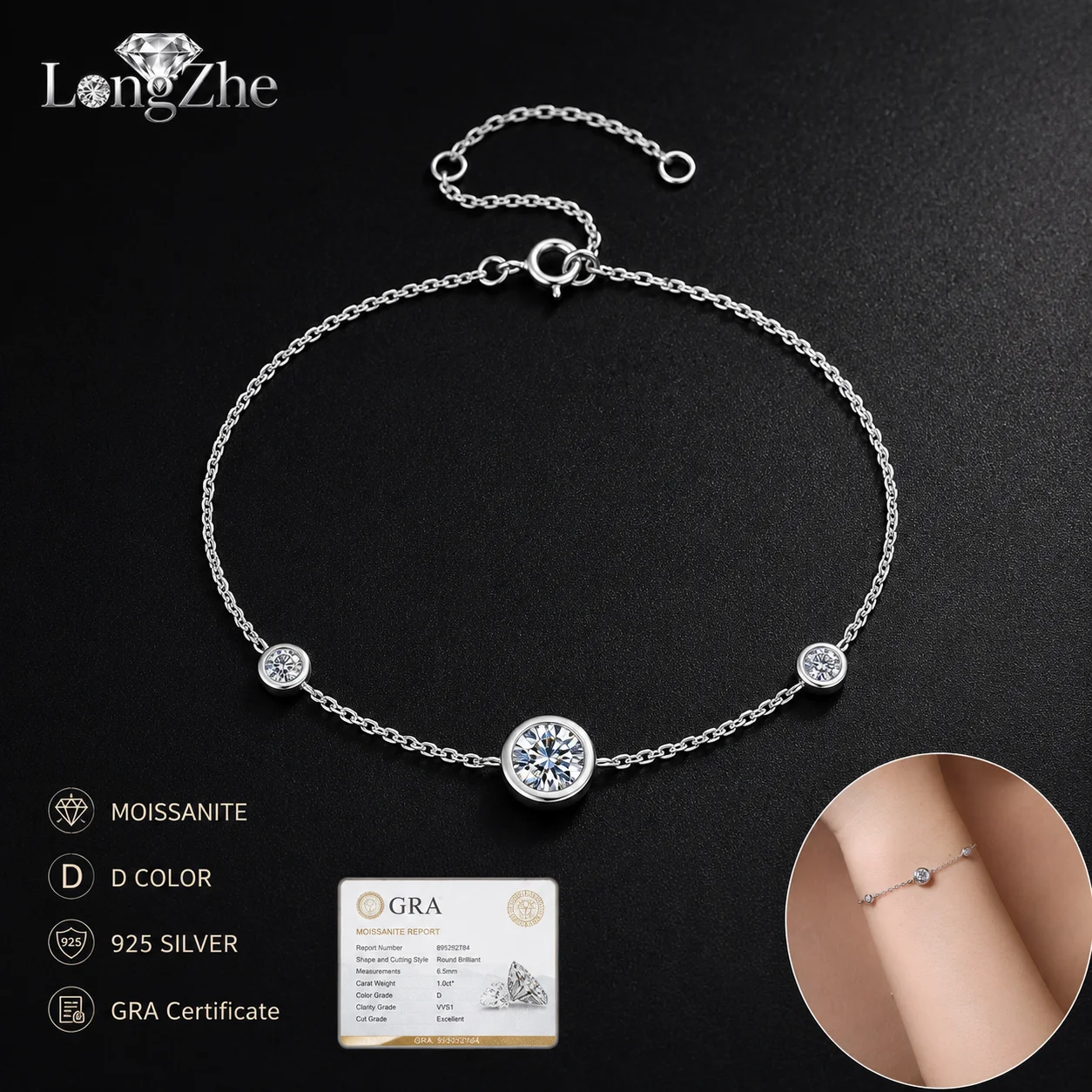 Moissanite Bracelet for Women S925 Sterling Silver 5mm Center Stone Three Round Bezel Set Adjustable Chain Birthday Gift