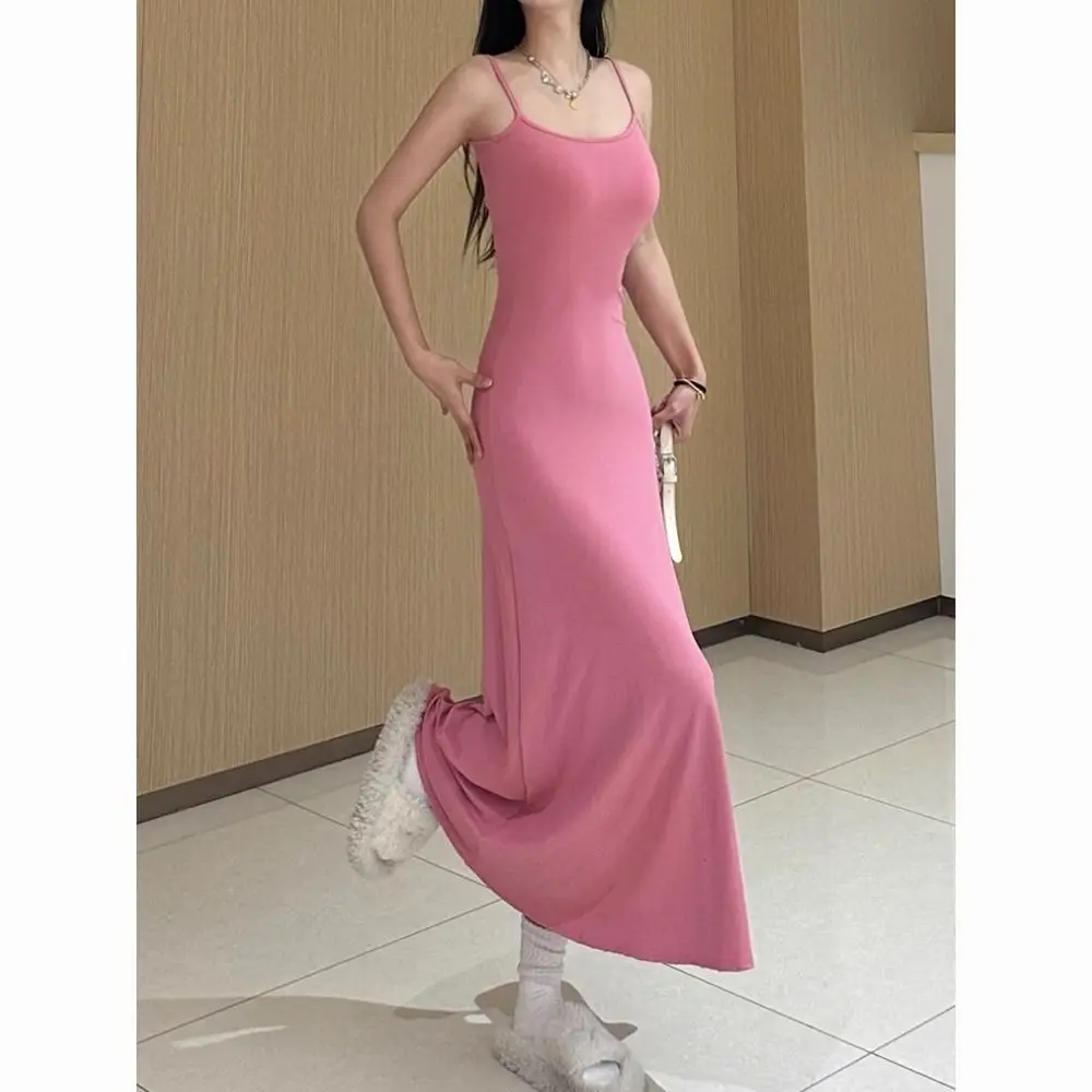 

2024 Summer French Sweet Gentle Pink Ice Silk Camis Dress for Women, Slim Elegant Knitted Long Dress