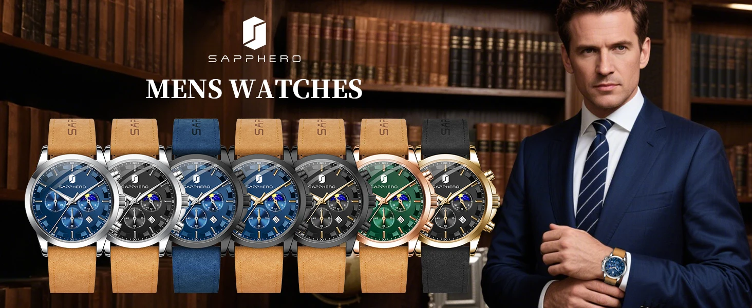 SAPPHERO Herren Chronograph Quarzuhr, 5ATM Wasserdicht, Hardlex Kristall, Lederarmband, Modische Sportuhr, Perfektes Geschenk für Männer – Detail 1