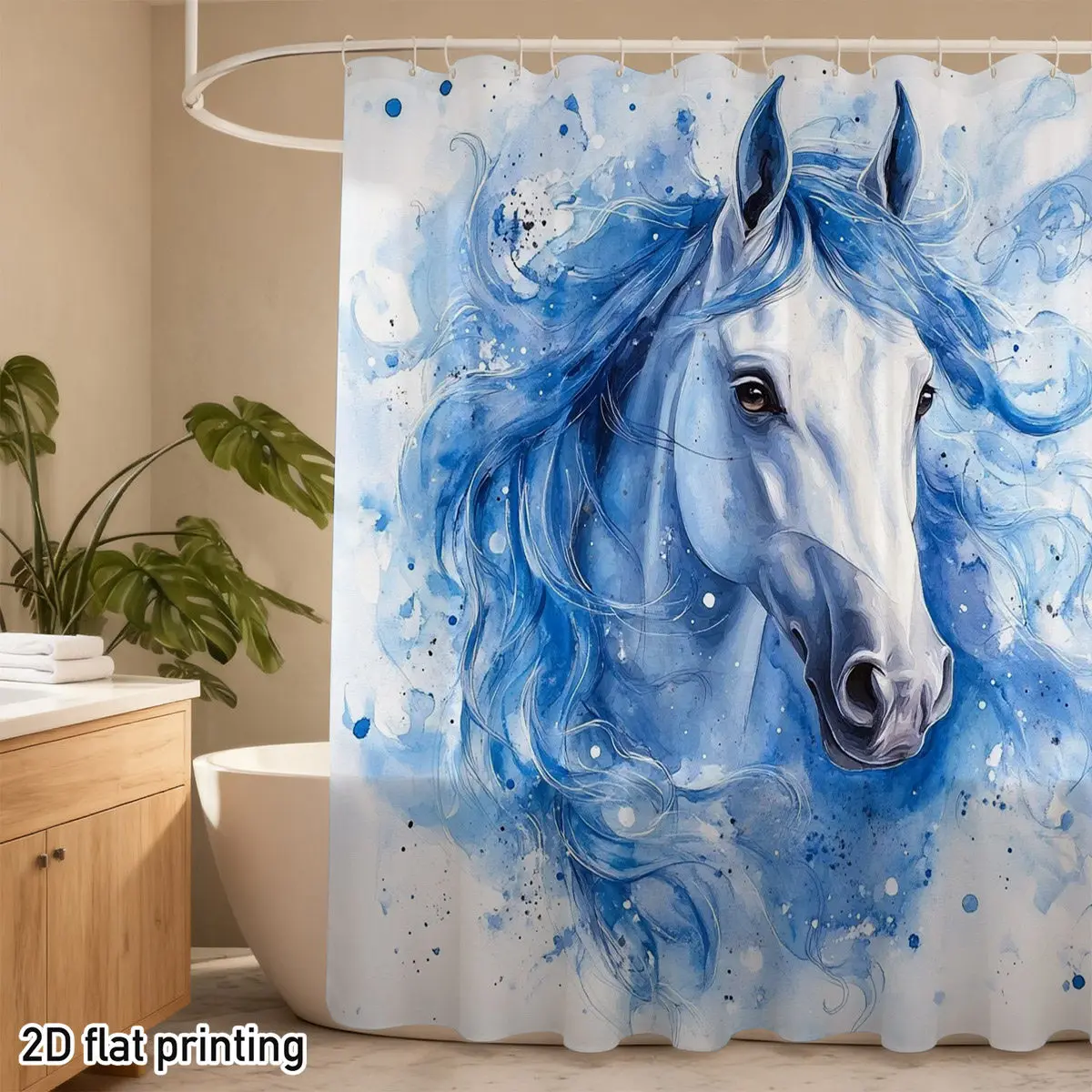 

Elegant Watercolor Blue Horse Portrait Shower Curtain for Bathroom Decor Art Print Animal Lovers Gift