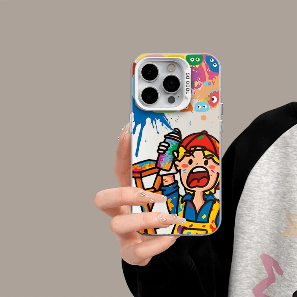 Graffiti Boy Girl Painter Personality Painting Couple Phone Case for IPhone 12 11 13 14 15 16 Max Pro Plus Laser Cover