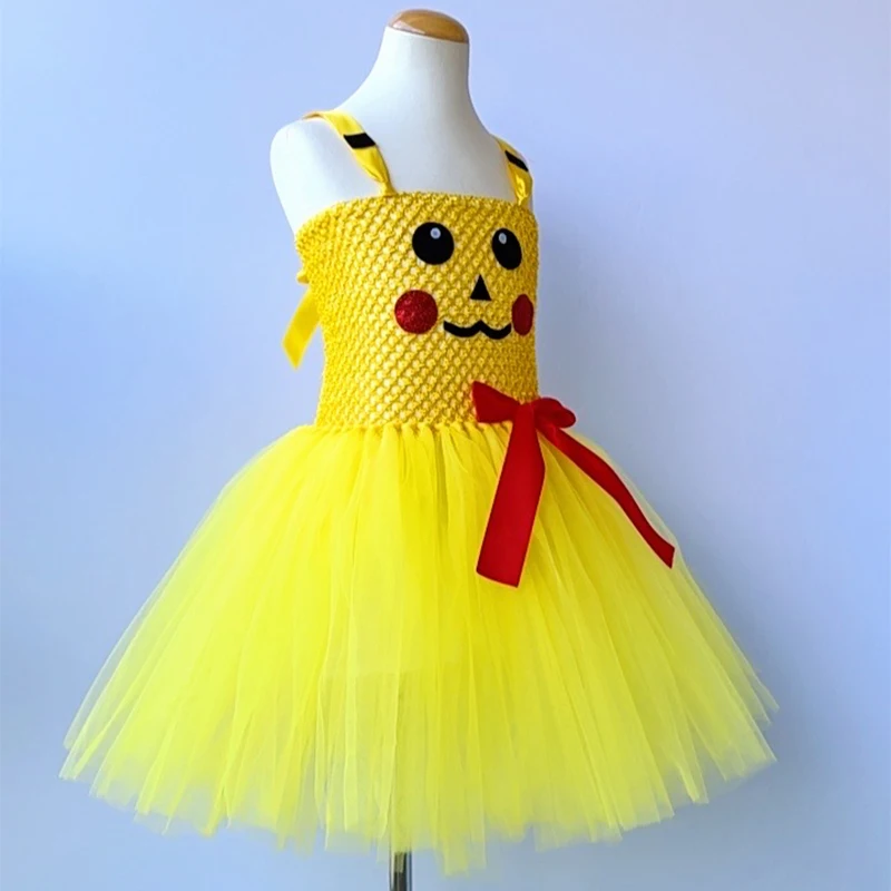 Yellow Cartoon Animals Picachu Cosplay Costumes for Baby Girls Birthday Party Halloween Tutu Dresses Kids Cosplay Outfits