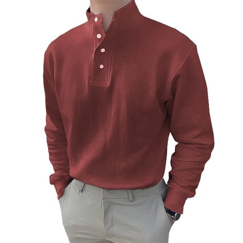 Spring Autumn Male Stand Collar Solid Color Shirt Hombre Long Sleeve Loose Casual All-match Pullover Top Men Slit Cotton Blouse