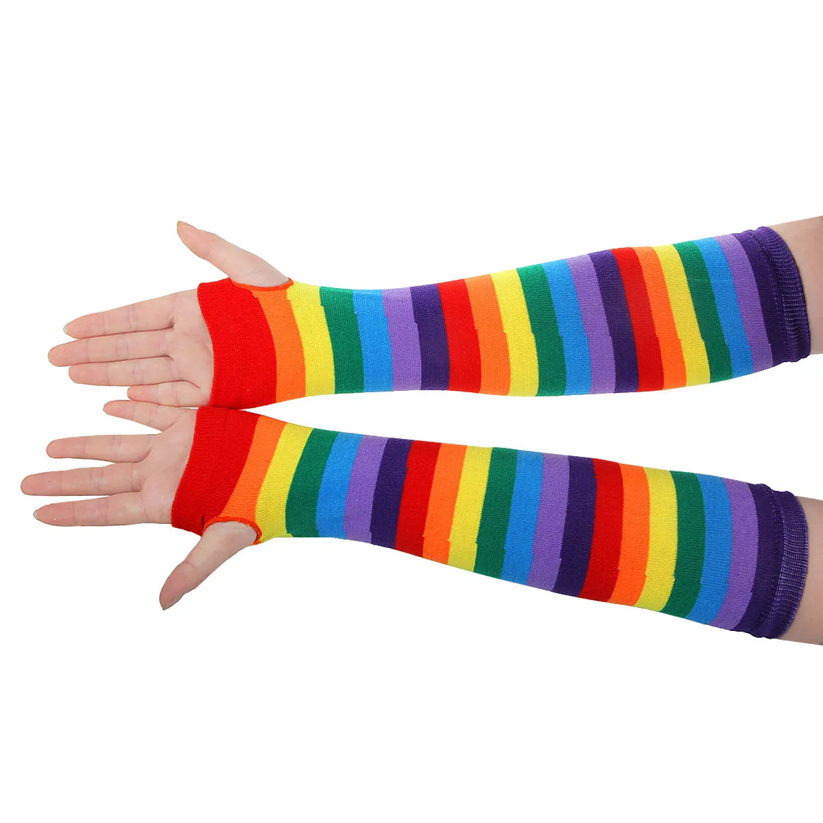 

1Pair Rainbow Striped Long Sleeve Fingerless Warmers for Women Soft Breathable Anti-Skid Arm Warmers Cosplay Stage Daily