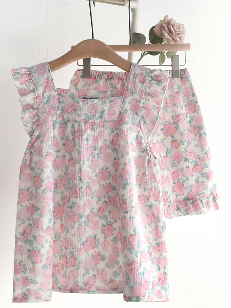 Sweet Printed Suspender Nightgown For Women Summer Thin Square Neck Tops+Shorts 2Pcs Clothing Set Fashion Floral Home Pajamas