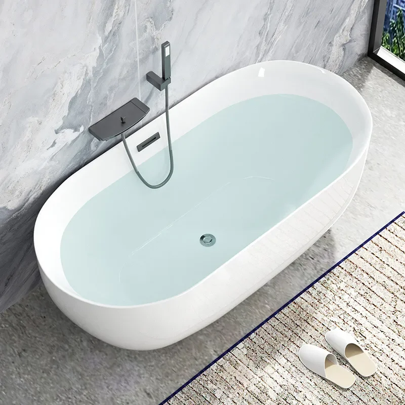 for Modern Freestanding Oval Bathtub with Curved Edge Overflow Drainage Tub for Adult Family and Hotel Use