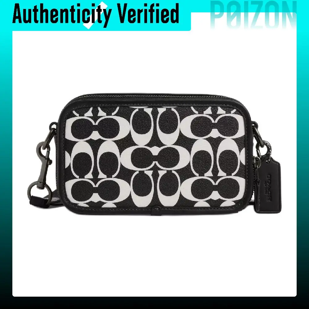 COACH Calfskin Camera Bag, Shoulder Bag, Crossbody Bag Small Unisex Black & White CP183-QBL77