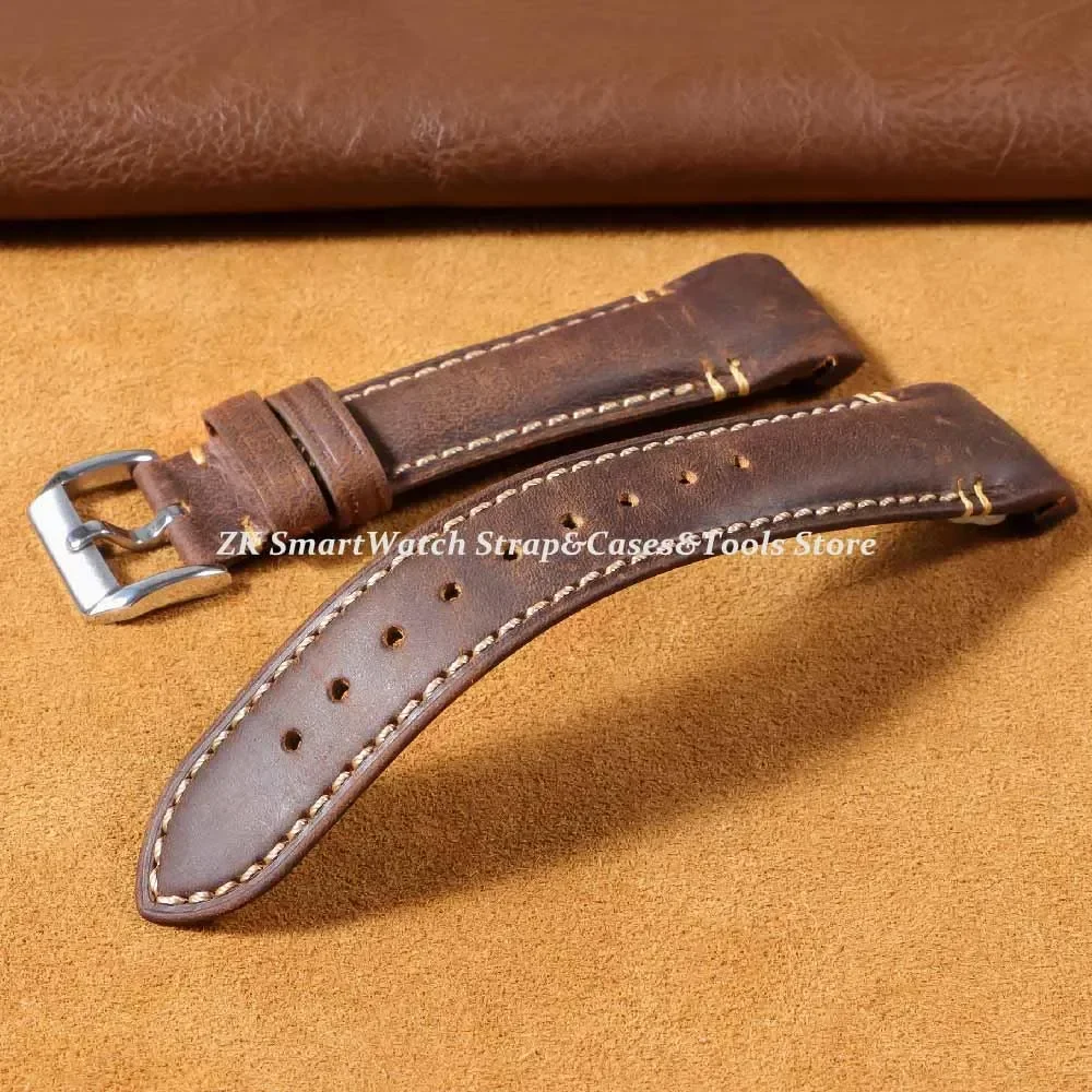 

Handmade Stitching Oil Wax Cowhide Watch Band Vintage Calfskin Watch Strap 20mm 22mm Curved End Bracelet Men Women Wristband