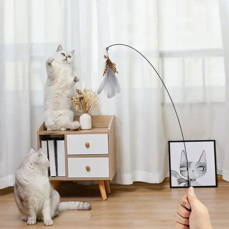 Cat Stick Playing Interactive Cat Toy Handfree Kitten Playing Teaser Wand Toy Suction Cup Bird/Feather Cat Wand Pet Supplies