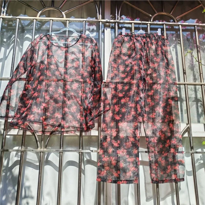 Men Women Sexy Sheer Voile Transparent and soft silky long sleeved long pants two-piece pajamas Plus Size Top Pants