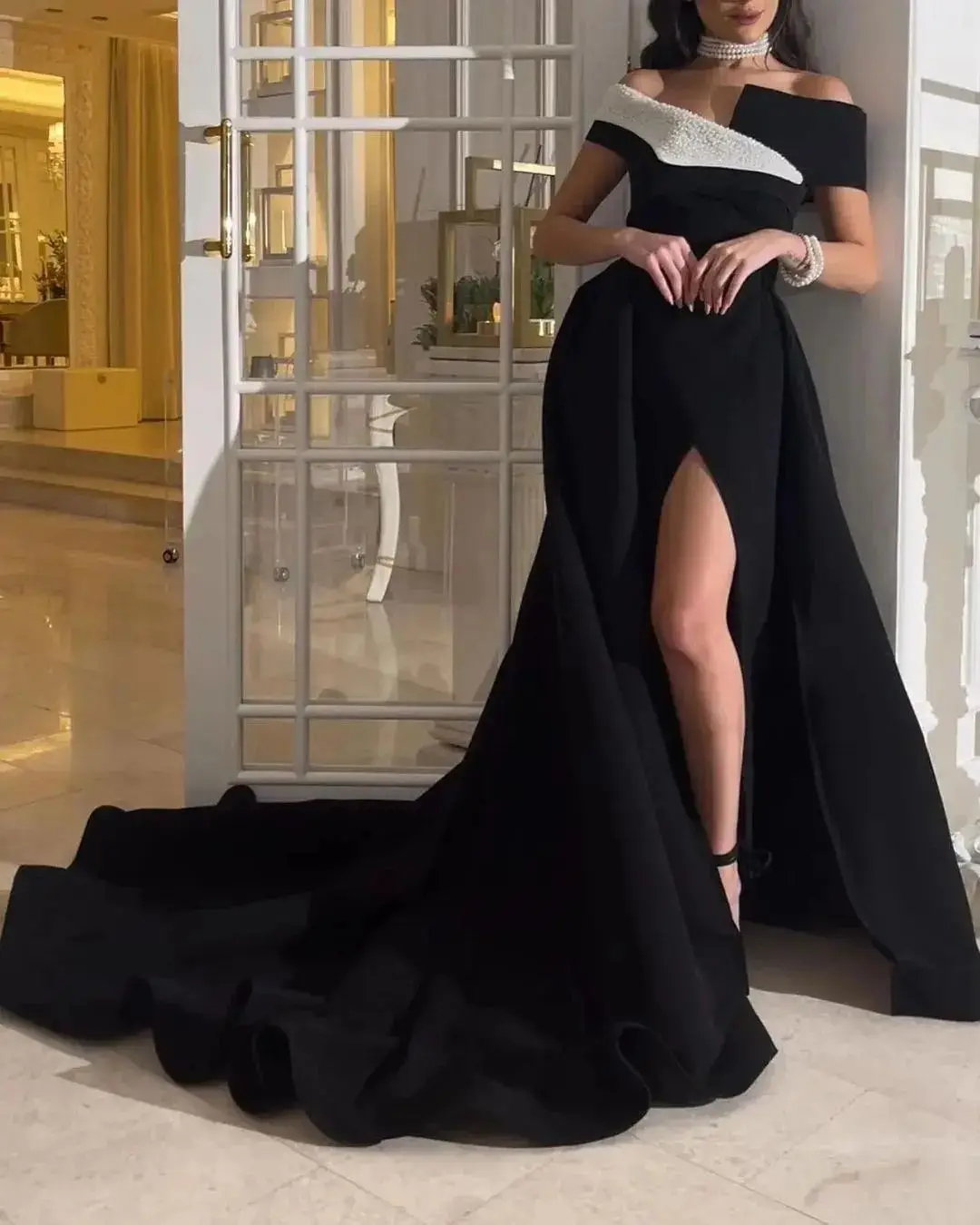 Jirocum Elegant Black Mermaid Prom Dress Women\'s Off Shoulder Sexy Slit Party Evening Gown Floor Length Special Occasion Gowns